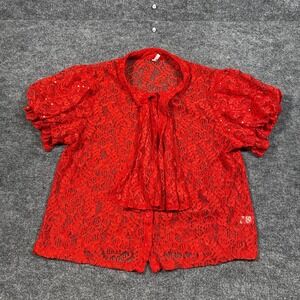 Mirror Image Red Lace Jabot Blouse Short Sleeve Sequin Accent Top 2X